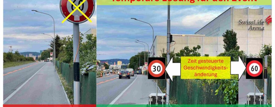 Swiss-LED Signage, Bernerstrasse Zürich, während Eishockey WM 2026 temporäre Speed Limit Steuerung 3