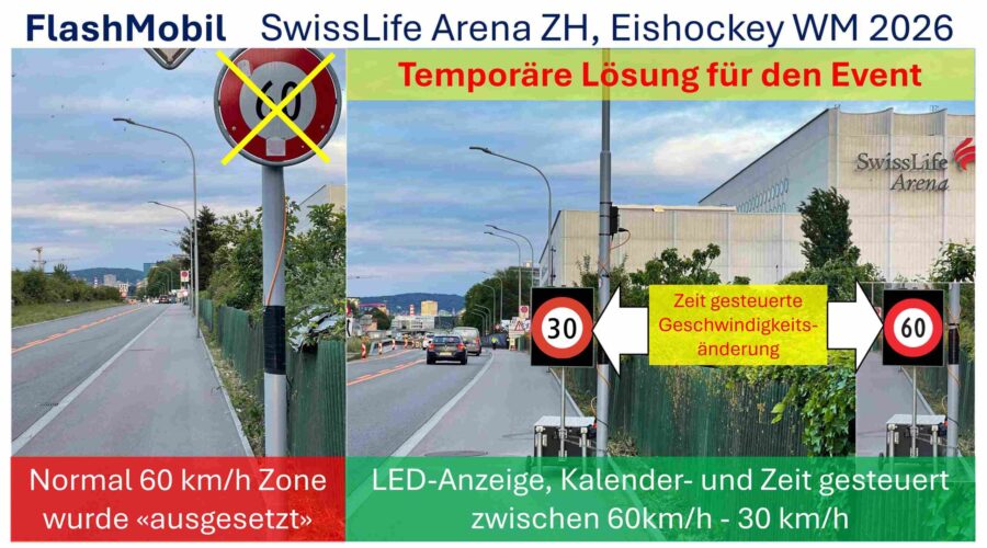 Swiss-LED Signage, Bernerstrasse Zürich, während Eishockey WM 2026 temporäre Speed Limit Steuerung 3